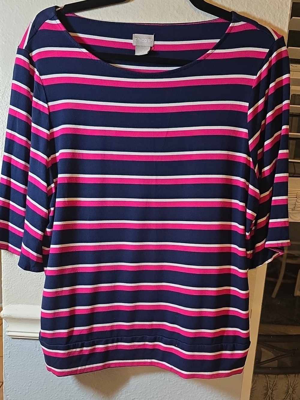 Chico's Navy, Hot Pink & White Striped Short Sleeve Top
